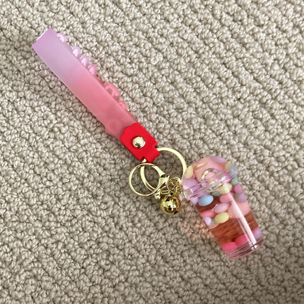 NEW Pink Bubble Tea Bag Charm Shakeable Key Chain Boba with Bell NIB - Picture 7 of 8